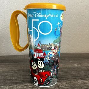 Disney World 50th Anniversary Refillable Mug Mickey Minnie Resort Cup Gold